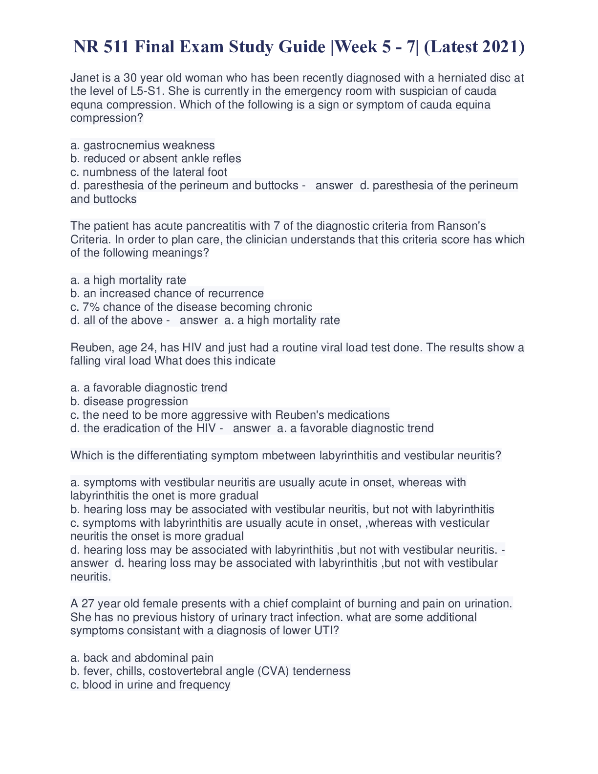 Preview image for NR 511 Final Exam Study Guide |Week 5 - 7| (Latest 2021): Differential Diagnosis & Primary Care Practicum - Chamberlain
